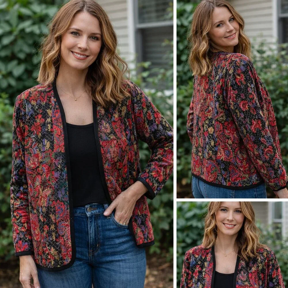 Serengeti Catalog Floral Tapestry Open Jacket | Women’s 3X | Red | Pockets
